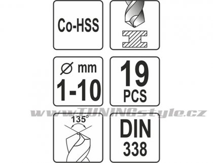 Sada vrtáků na kov 19ks HSS-COBALT 1-10mm