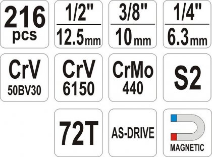 Gola sada 1/2", 3/8", 1/4" + příslušenství 216 ks