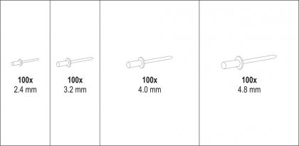 Nýt hliníkový sada 400ks (2,4, 3,2, 4,0, 4,8mm)