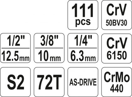 Gola sada 1/2", 3/8", 1/4" + příslušenství 111 ks