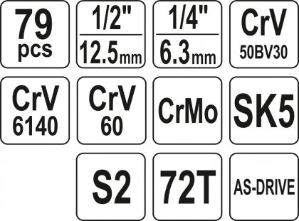 Gola sada 1/2', 1/4'' + příslušenství 79 ks