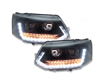 Přední světla LED s denními světly VW T5 09-14 s dynamickým LED blinkrem, černá lesklá