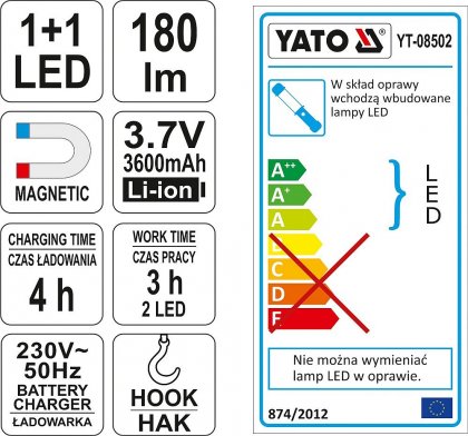 Lampa montážní 1+1 LED, bezpřívodová, 3,7V Li-ion, magnet+hák, 180lm