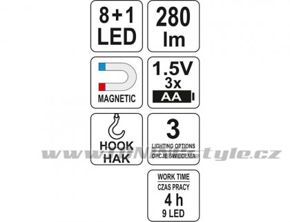 Lampa montážní 8+1 LED, hák+magnet