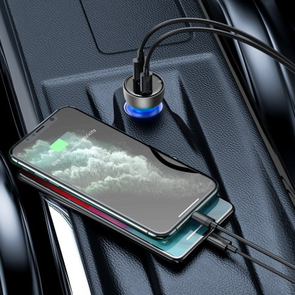 Nabíječka do auta BASEUS s digitálním displejem stříbrná USB + USB-C, QC3.0 + PD, 5A, 65 W