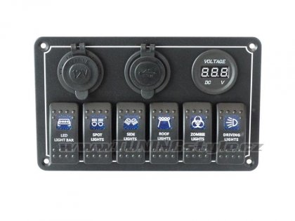 Panel přepínačů 12/24V 6x ON-OFF, 1x12V, 2xUSB 3,1A,voltmetr, 3x pojistka 15A IP68 Blue
