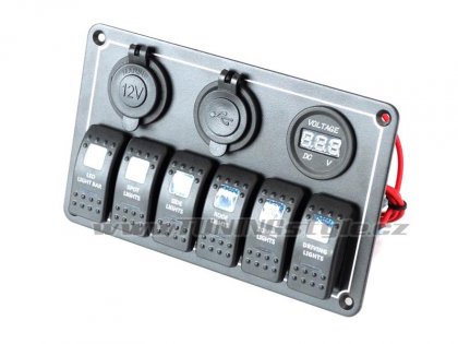 Panel přepínačů 12/24V 6x ON-OFF, 1x12V, 2xUSB 3,1A,voltmetr, 3x pojistka 15A IP68 Blue