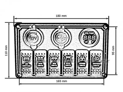 Panel přepínačů 12/24V 6x ON-OFF, 1x12V, 2xUSB 3,1A,voltmetr, 3x pojistka 15A IP68 Blue