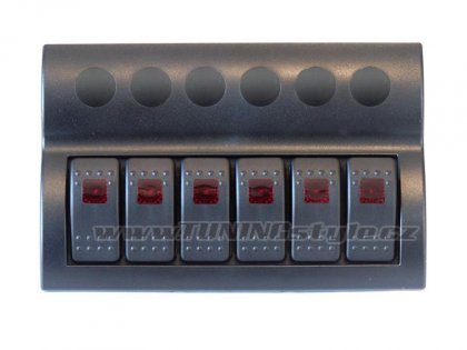 Panel přepínačů 12/24V IP68 6x ON-OFF, pojistky 3x5A 2x10A 1x15A