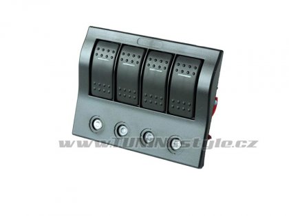 Panel přepínačů 12/24V IP68, 1x (ON)-OFF, 3x ON-OFF, pojistky 2x5A, 1x10A, 1x15A