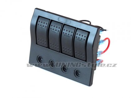 Panel přepínačů 12/24V, IP68, 1x (ON)-OFF, 3x ON-OFF, pojistky 2x5A, 1x10A, 1x15A