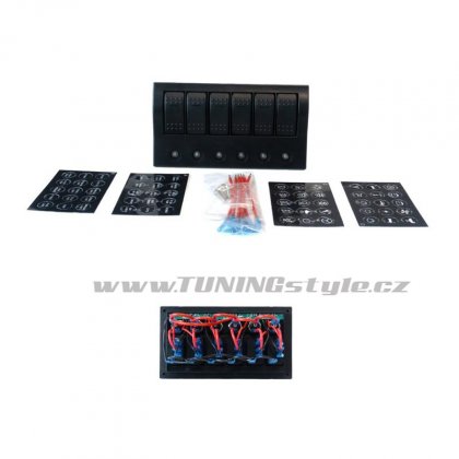 Panel přepínačů 12/24V, IP68, 1x (ON)-OFF,5x ON-OFF, pojistky 3x5A, 2x10A, 1x15A