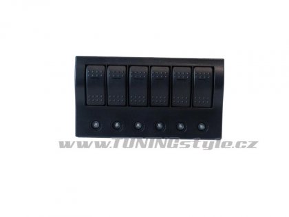 Panel přepínačů 12/24V, IP68, 1x (ON)-OFF,5x ON-OFF, pojistky 3x5A, 2x10A, 1x15A