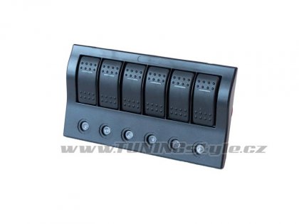 Panel přepínačů 12/24V, IP68, 1x (ON)-OFF,5x ON-OFF, pojistky 3x5A, 2x10A, 1x15A