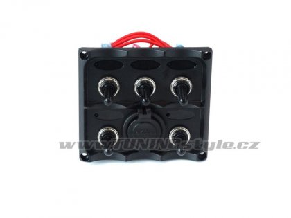 Panel přepínačů 12V. 5x SPST/ON-OFF, 2xUSB, 3x pojistka 15A IP68