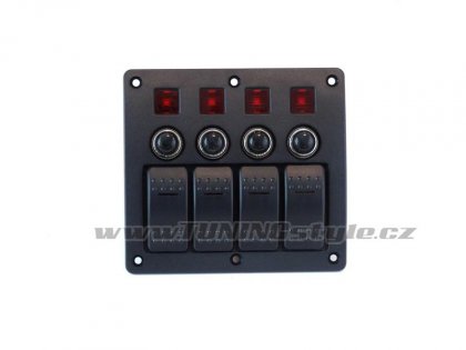 Panel přepínačů 4x ON-OFF, pojistky 2x 5A, 10A, 15A