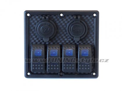 Panel přepínačů 5x ON-OFF, 1x zapalovač, 2x USB 3,1A , 2x pojistka 15A Blue