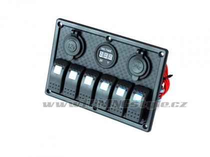 Panel přepínačů 5x ON-OFF, voltmetr, 1x zapalovač, 2x USB 3,1A, 2x pojistka 15A Blue