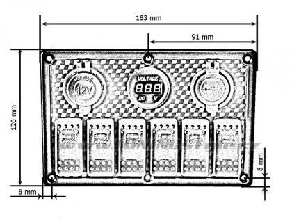 Panel přepínačů 5x ON-OFF, voltmetr, 1x zapalovač, 2x USB 3,1A, 2x pojistka 15A Blue