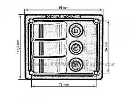 Panel přepínačů ALU pojistky 1x5A 1x10A 1x15A IP68