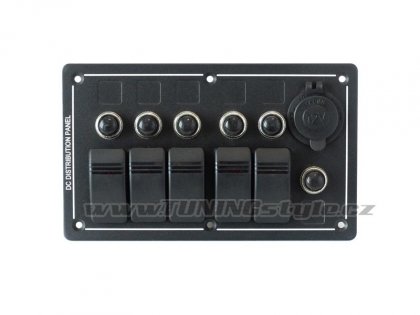 Panel přepínačů ALU, ON-OFF 5x, 1x12V, pojistky 3x5A 2x10A 1x15A IP68