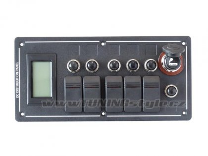 Panel přepínačů ALU, zásuvka 12V, pojistky 3x5A 2x10A 1x15A IP68