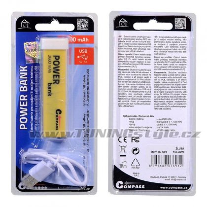 POWER BANK 2600mA žlutý + 30cm kabel