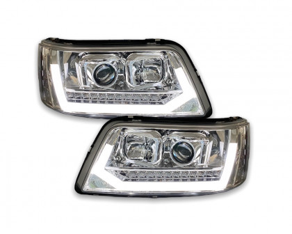 Přední světla s LED denními světly, LED dynamickým blinkrem VW T5 03-09 chromová