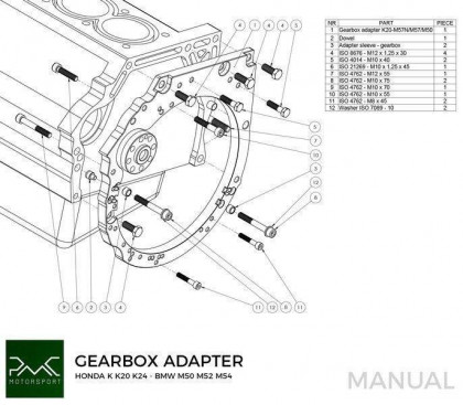 Adapter skrzyni biegów Honda K K20 K24 - Manual / automat DCT 8HP BMW RWD