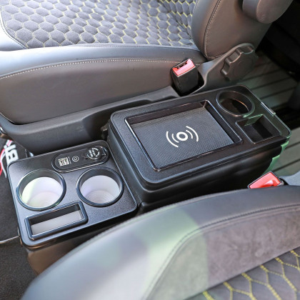 Multifunkční středová konzole pro VW T5 a T6 s úložným prostorem, USB, 12V podsvícená s indukčním nabíjením, černá