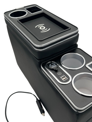 Multifunkční středová konzole pro VW T5 a T6 s úložným prostorem, USB, 12V podsvícená s indukčním nabíjením, chrom/černá
