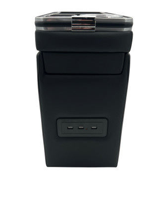 Multifunkční středová konzole pro VW T5 a T6 s úložným prostorem, USB, 12V podsvícená s indukčním nabíjením, chrom/černá