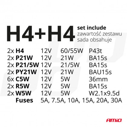 Sada žárovek 30ks (H4+H4) AMIO-039658