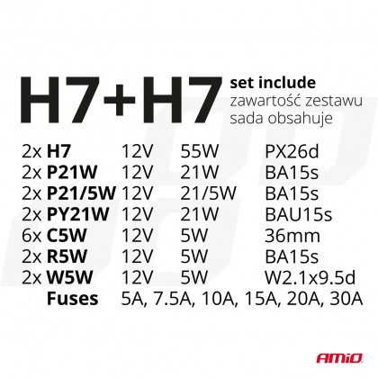 Sada žárovek 30ks (H7+H7) AMIO-03959
