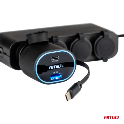 Rychlonabíječka do auta 3.0 s 30W C navíjecím kabelem PD20W AMiO-04176