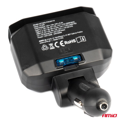 Dvojitá prodlužovací zásuvka PD30W PD20W QC3.0 12/24V max 200W AMIO-04174