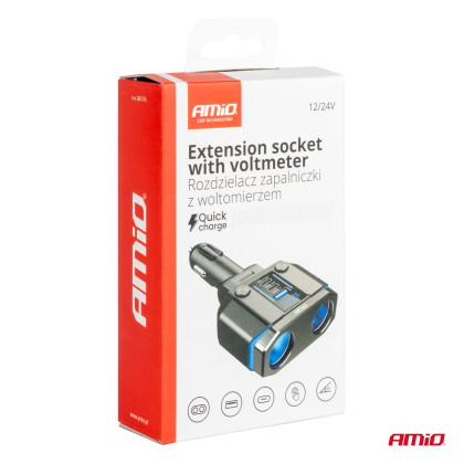 Dvojitá prodlužovací zásuvka PD30W PD20W QC3.0 12/24V max 200W AMIO-04174