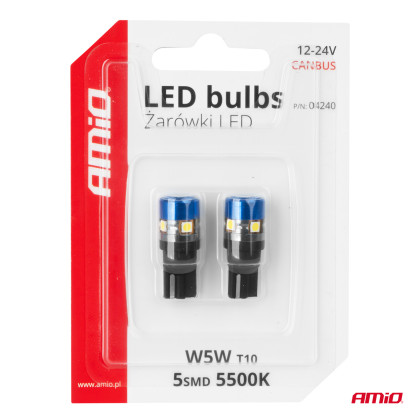 LED žárovky CANBUS T10 W5W 5SMD 3030 White 12V/24V AMiO-04240
