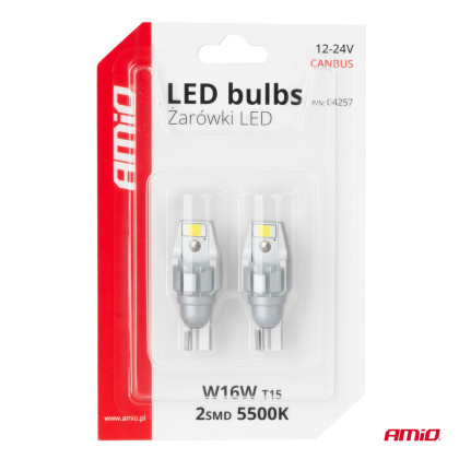 LED žárovky CANBUS T15 W16W 2SMD 3570 White 12V 24V AMIO-04257