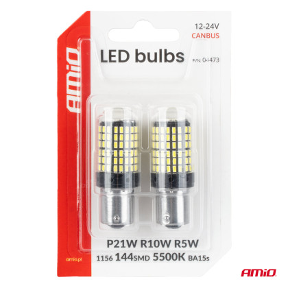 LED žárovka CANBUS BA15S P21W R10W R5W 600lm 144SMD Bílá 12V 24V AMiO-04473