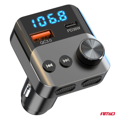FM transmitter 1×USB-A 1×USB-C 12V 24V AMIO-04647