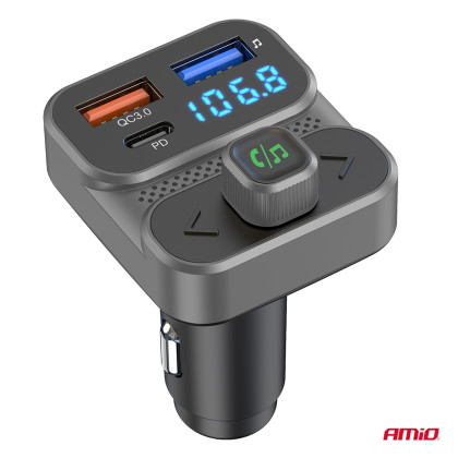 FM transmitter 2×USB-A 1×USB 12V 24V AMIO-04649