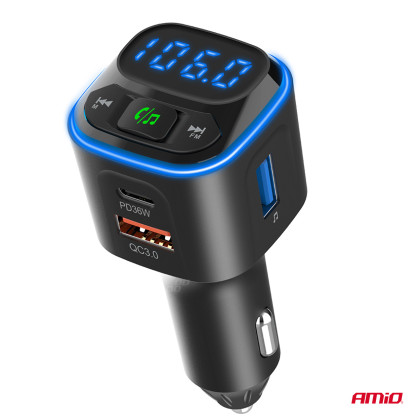 FM transmitter 1×USB-A 2×USB-C 12V 24V AMIO-04651