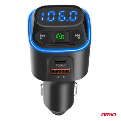 FM transmitter 1×USB-A 2×USB-C 12V 24V AMIO-04651