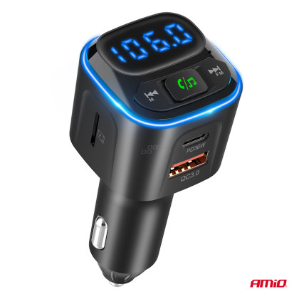 FM transmitter 1×USB-A 2×USB-C 12V 24V AMIO-04651