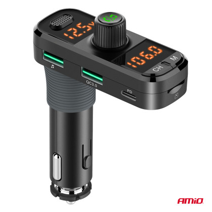 FM transmitter 2×USB-A 1×USB-C mircoSD 12V 24V AMiO-04653