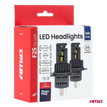 LED žárovky hlavního svícení Série F25 SILVER FULL CANBUS H4/H19 54/58W 12V 24V AMIO-04703