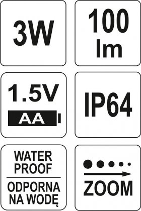 Svítilna kapesní voděodolná IP64, fce ZOOM, 110lm, 1xAA, 100x25mm