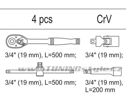 Vložka do zásuvky - sada ráčen a nástavců, 3/4", 4ks