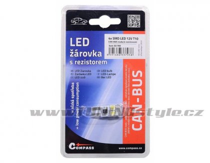 Žárovka 4 SMD LED 12V T10 s rezistorem CAN-BUS ready bílá